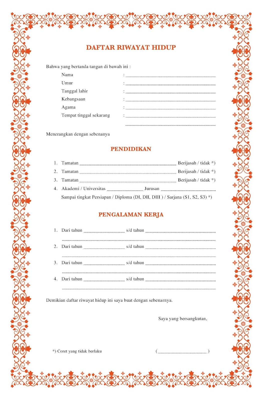 Daftar riwayat hidup cv kosong doc pdf word tulis tangan